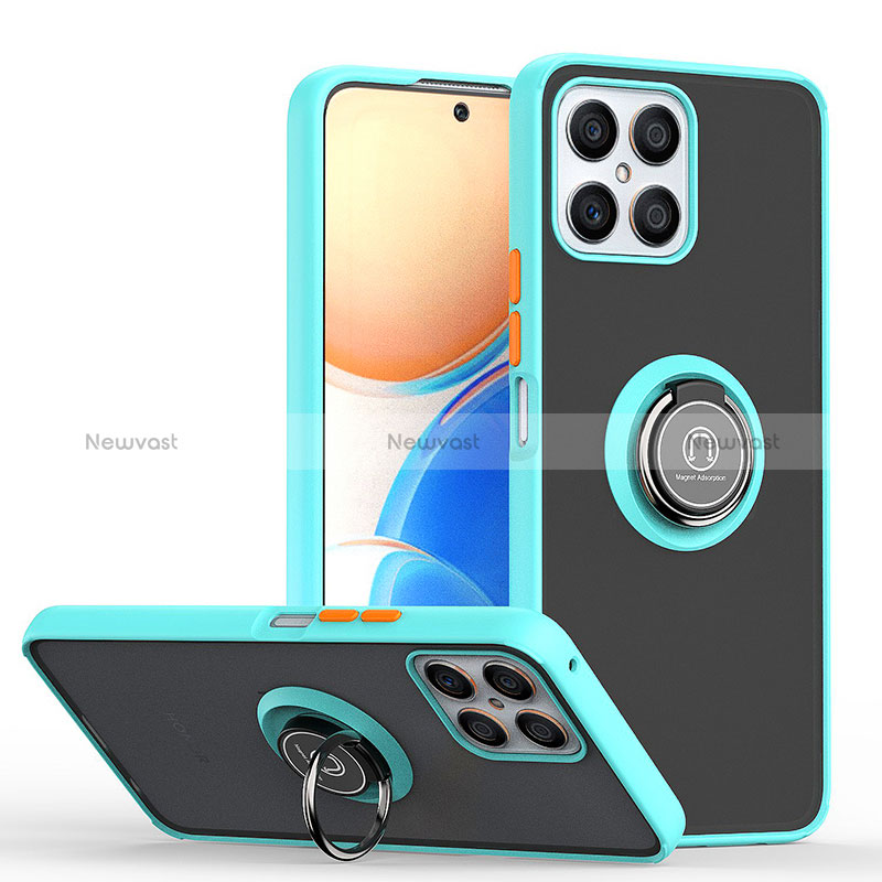 Silicone Matte Finish and Plastic Back Cover Case with Magnetic Finger Ring Stand QW2 for Huawei Honor X8 4G Cyan