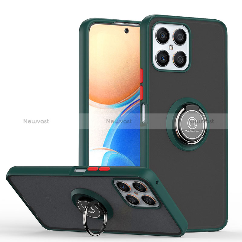 Silicone Matte Finish and Plastic Back Cover Case with Magnetic Finger Ring Stand QW2 for Huawei Honor X8 4G Midnight Green