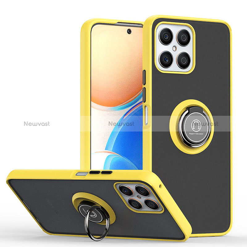 Silicone Matte Finish and Plastic Back Cover Case with Magnetic Finger Ring Stand QW2 for Huawei Honor X8 4G Yellow