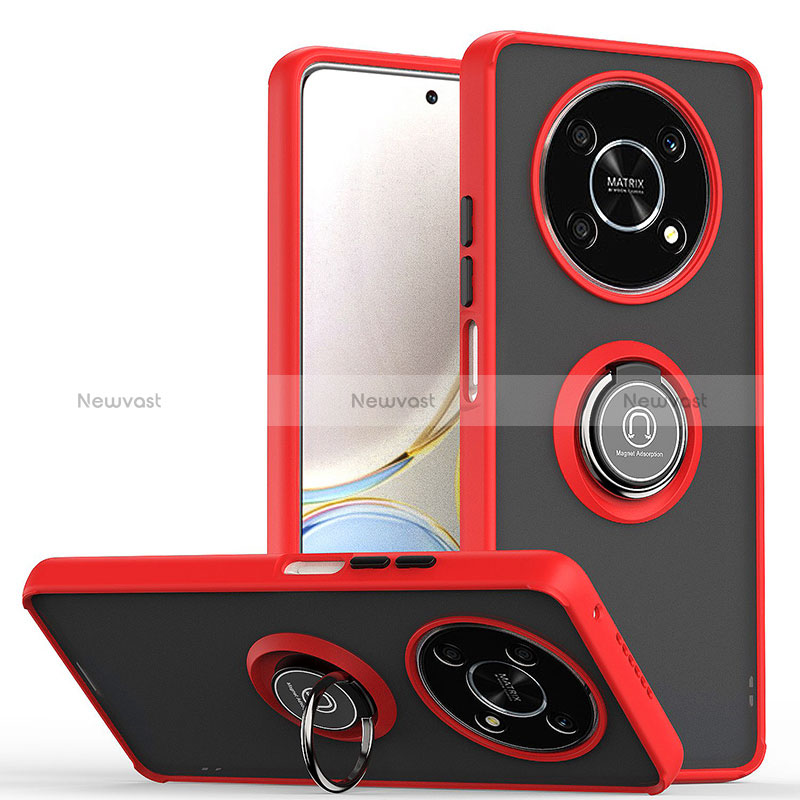 Silicone Matte Finish and Plastic Back Cover Case with Magnetic Finger Ring Stand QW2 for Huawei Honor X9 5G Red