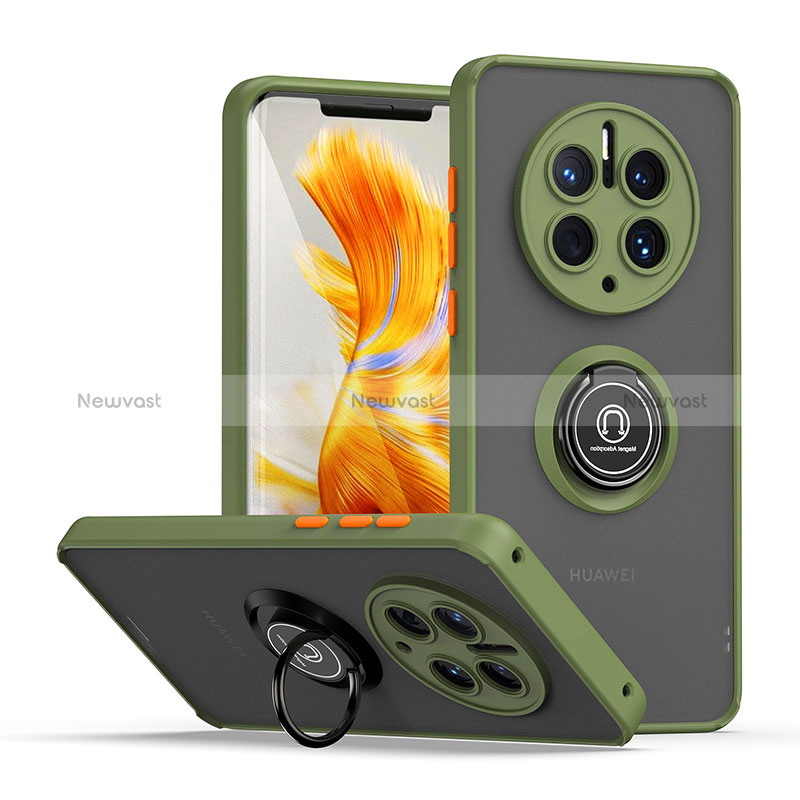 Silicone Matte Finish and Plastic Back Cover Case with Magnetic Finger Ring Stand QW2 for Huawei Mate 50 Pro Army green