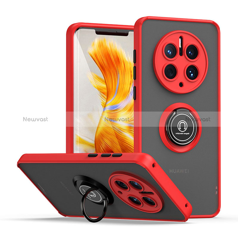 Silicone Matte Finish and Plastic Back Cover Case with Magnetic Finger Ring Stand QW2 for Huawei Mate 50 Pro Red