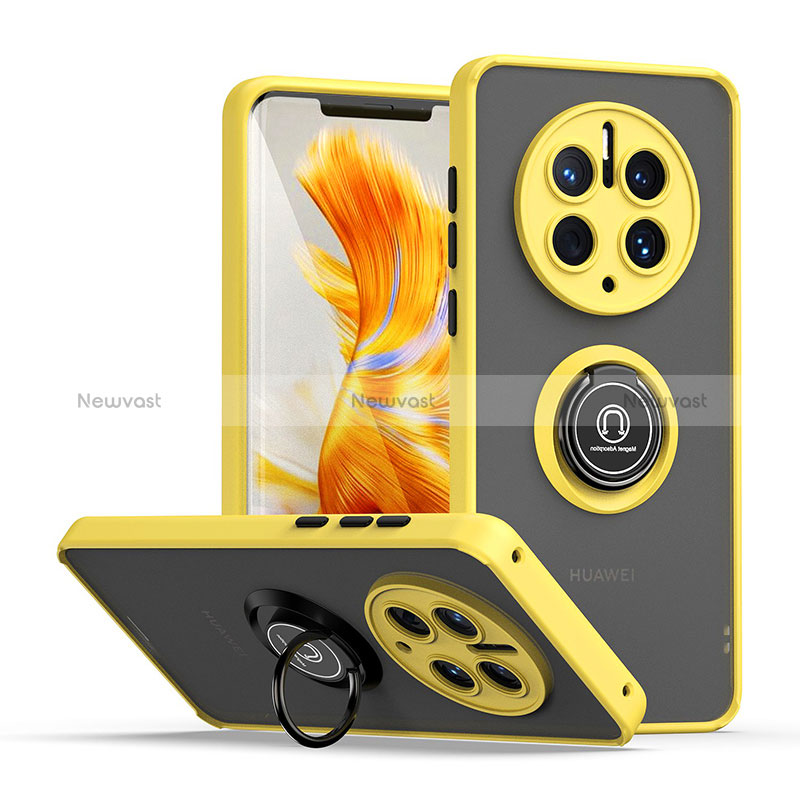 Silicone Matte Finish and Plastic Back Cover Case with Magnetic Finger Ring Stand QW2 for Huawei Mate 50 Pro Yellow