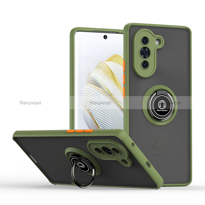 Silicone Matte Finish and Plastic Back Cover Case with Magnetic Finger Ring Stand QW2 for Huawei Nova 10