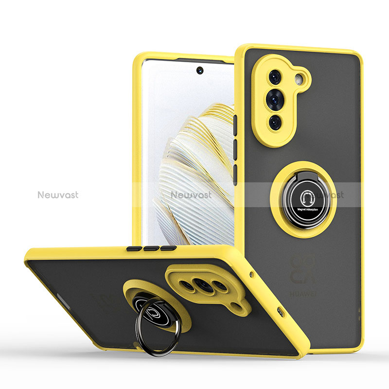 Silicone Matte Finish and Plastic Back Cover Case with Magnetic Finger Ring Stand QW2 for Huawei Nova 10 Yellow