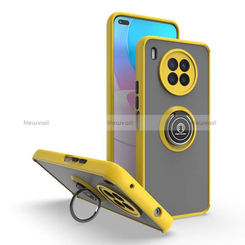 Silicone Matte Finish and Plastic Back Cover Case with Magnetic Finger Ring Stand QW2 for Huawei Nova 8i Yellow