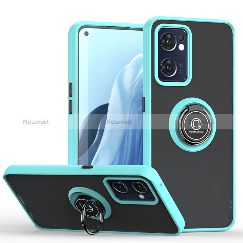 Silicone Matte Finish and Plastic Back Cover Case with Magnetic Finger Ring Stand QW2 for OnePlus Nord CE 2 5G Cyan