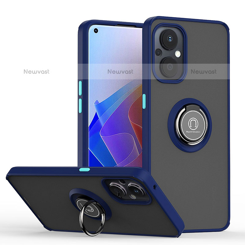 Silicone Matte Finish and Plastic Back Cover Case with Magnetic Finger Ring Stand QW2 for OnePlus Nord N20 5G Blue