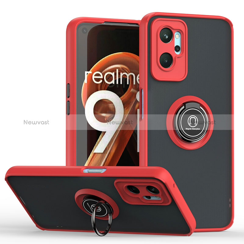 Silicone Matte Finish and Plastic Back Cover Case with Magnetic Finger Ring Stand QW2 for Oppo A96 4G Red