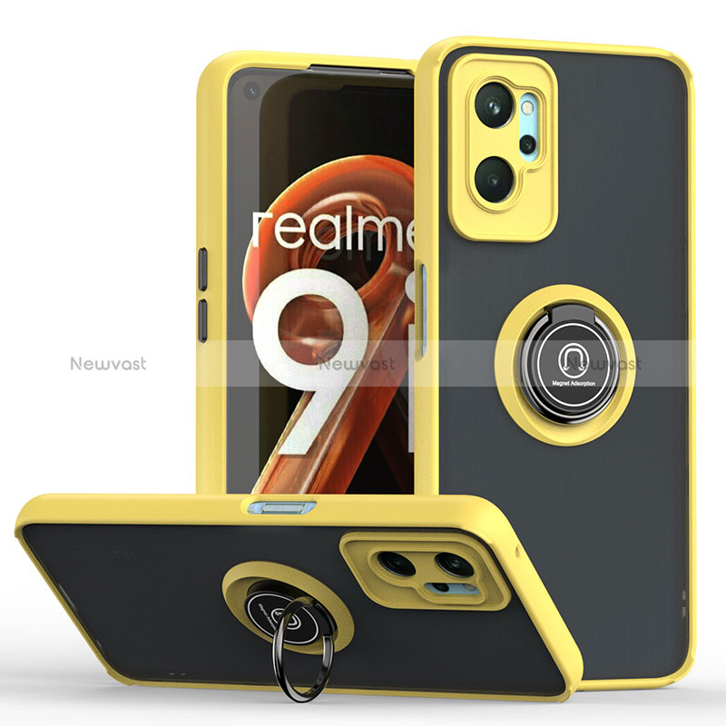 Silicone Matte Finish and Plastic Back Cover Case with Magnetic Finger Ring Stand QW2 for Oppo A96 4G Yellow