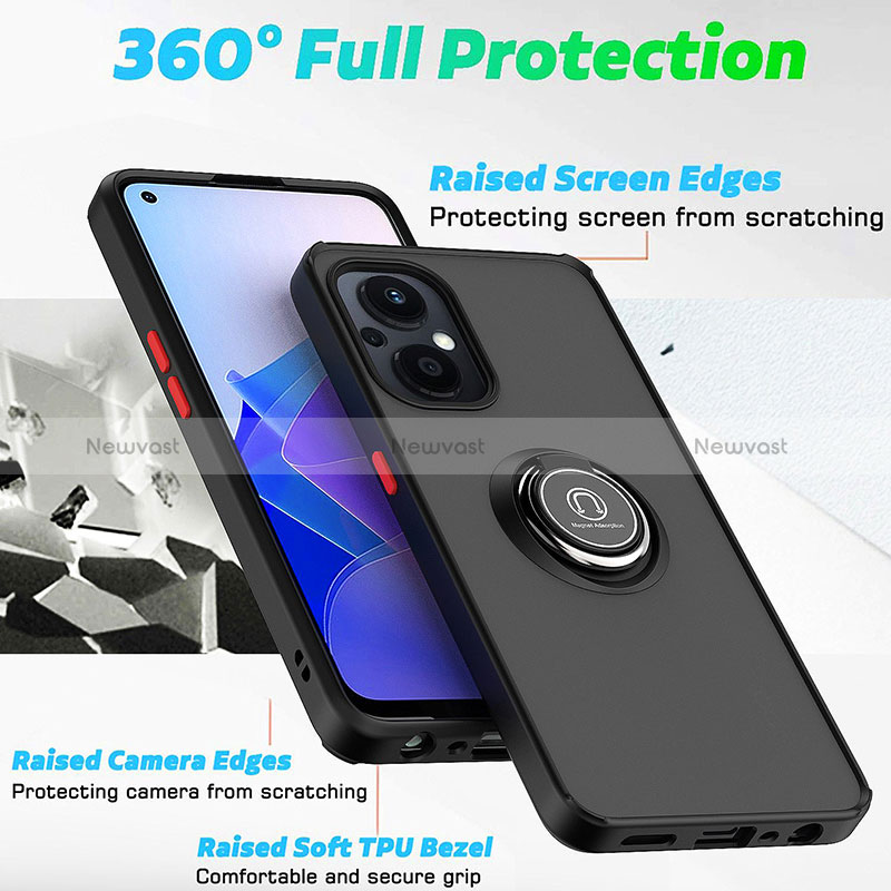 Silicone Matte Finish and Plastic Back Cover Case with Magnetic Finger Ring Stand QW2 for Oppo A96 5G