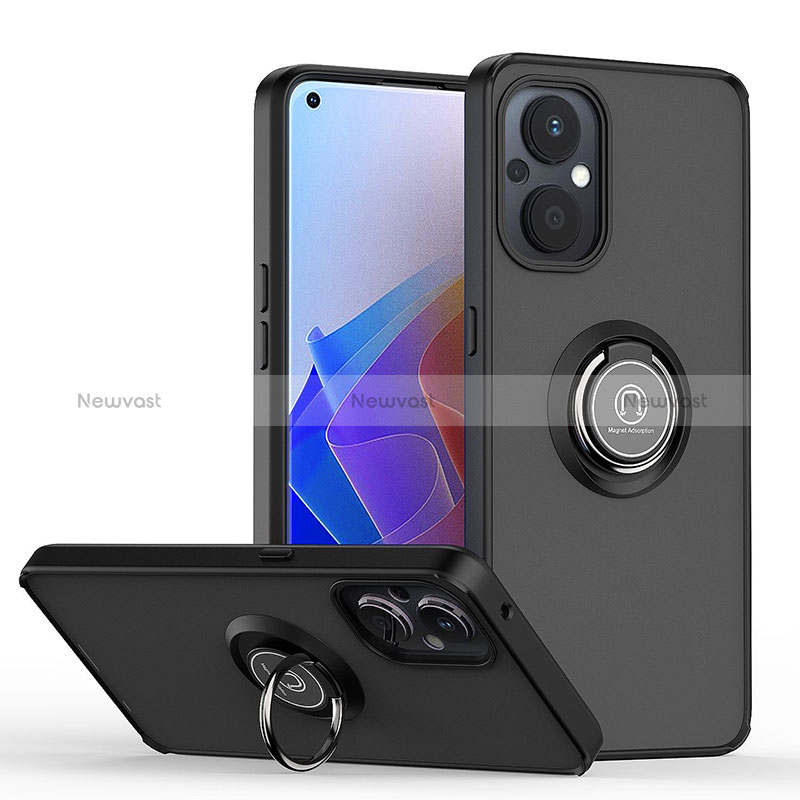 Silicone Matte Finish and Plastic Back Cover Case with Magnetic Finger Ring Stand QW2 for Oppo A96 5G Black