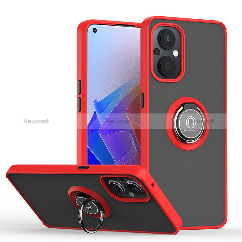 Silicone Matte Finish and Plastic Back Cover Case with Magnetic Finger Ring Stand QW2 for Oppo A96 5G Red