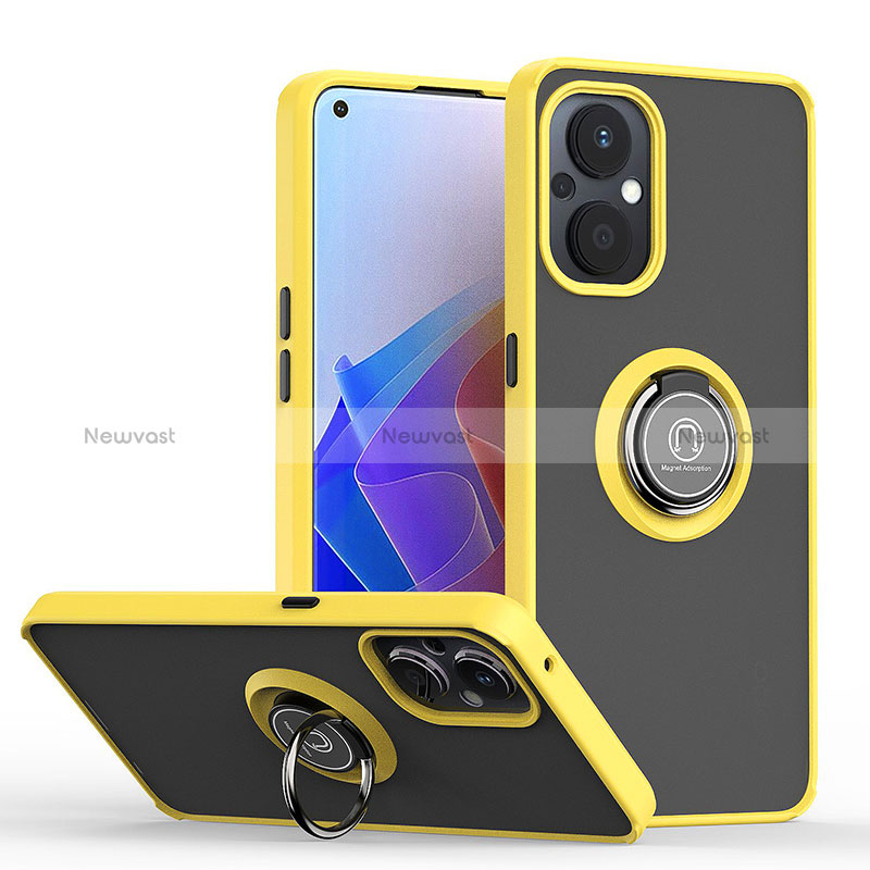 Silicone Matte Finish and Plastic Back Cover Case with Magnetic Finger Ring Stand QW2 for Oppo A96 5G Yellow