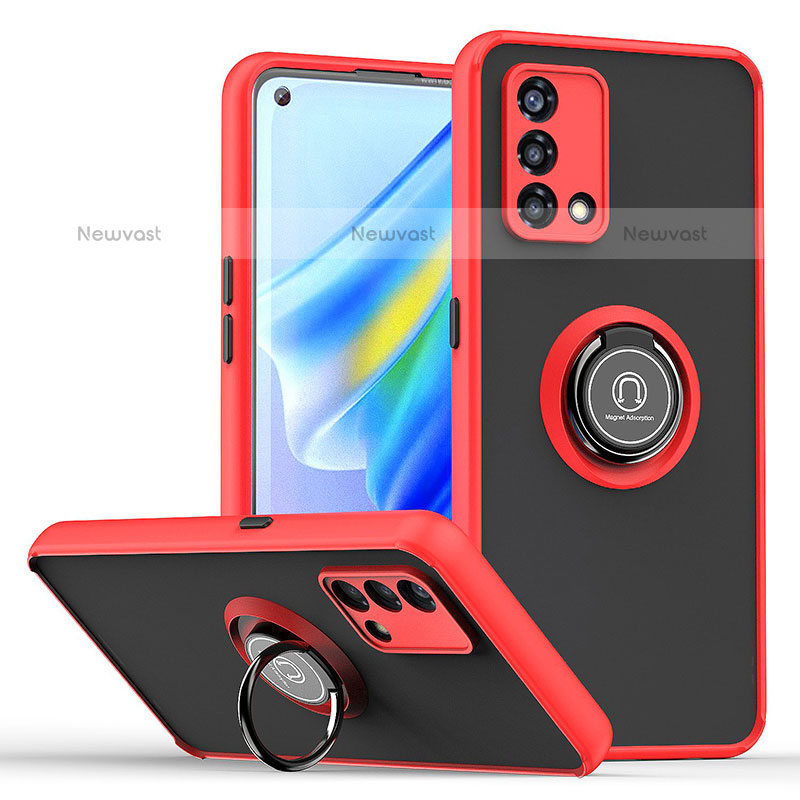 Silicone Matte Finish and Plastic Back Cover Case with Magnetic Finger Ring Stand QW2 for Oppo F21 Pro 4G Red