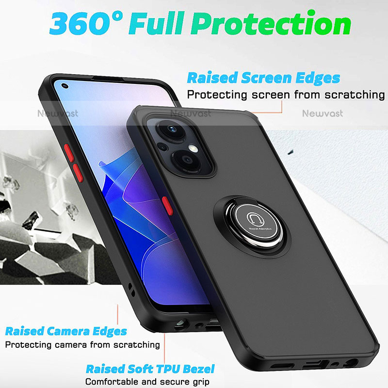 Silicone Matte Finish and Plastic Back Cover Case with Magnetic Finger Ring Stand QW2 for Oppo F21 Pro 5G