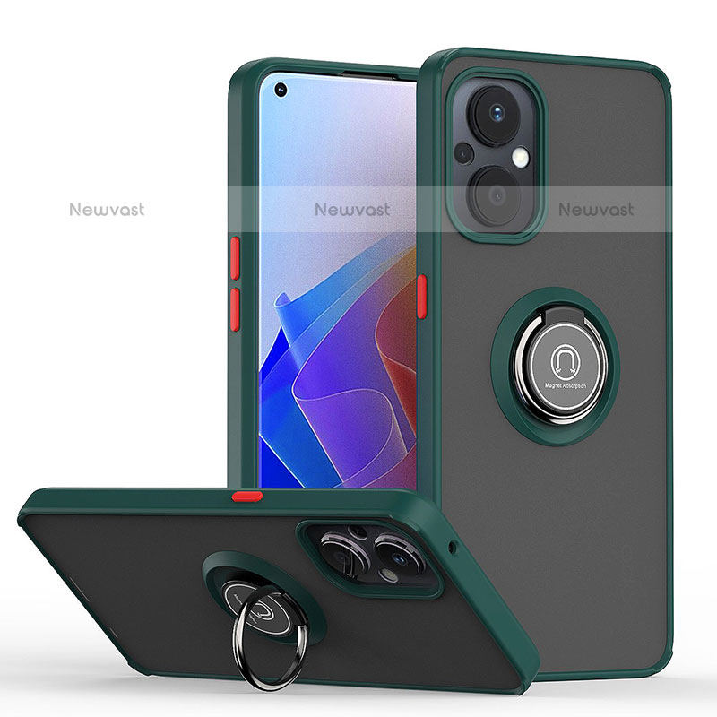 Silicone Matte Finish and Plastic Back Cover Case with Magnetic Finger Ring Stand QW2 for Oppo F21 Pro 5G