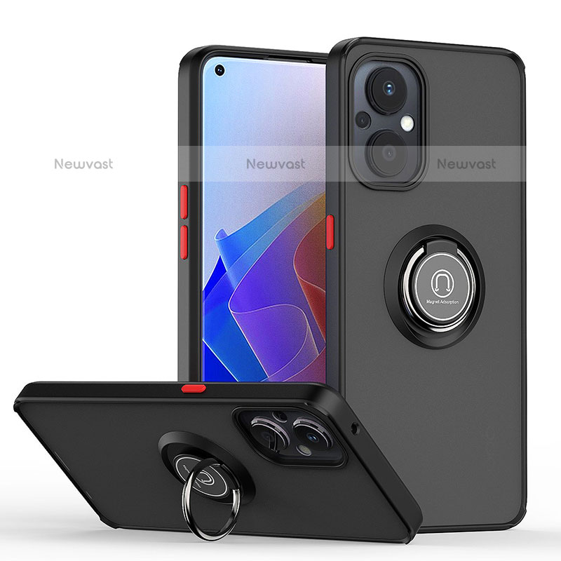 Silicone Matte Finish and Plastic Back Cover Case with Magnetic Finger Ring Stand QW2 for Oppo F21 Pro 5G