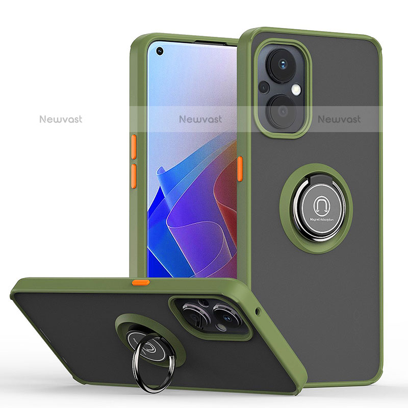 Silicone Matte Finish and Plastic Back Cover Case with Magnetic Finger Ring Stand QW2 for Oppo F21 Pro 5G Army green