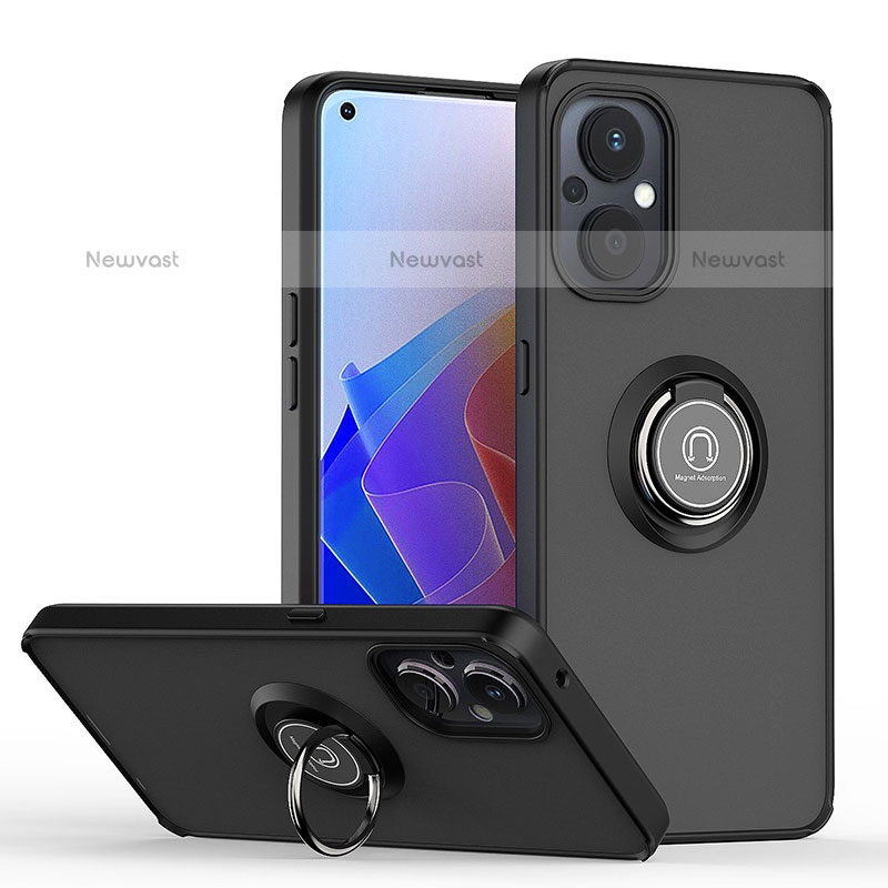 Silicone Matte Finish and Plastic Back Cover Case with Magnetic Finger Ring Stand QW2 for Oppo F21 Pro 5G Black