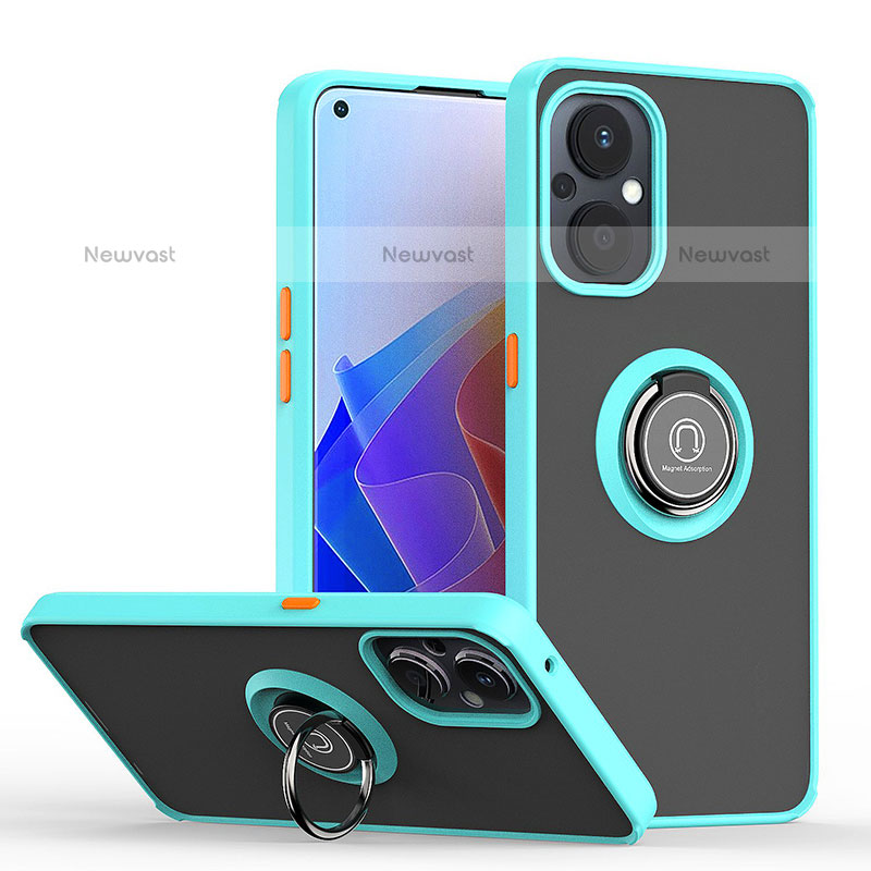 Silicone Matte Finish and Plastic Back Cover Case with Magnetic Finger Ring Stand QW2 for Oppo F21 Pro 5G Cyan