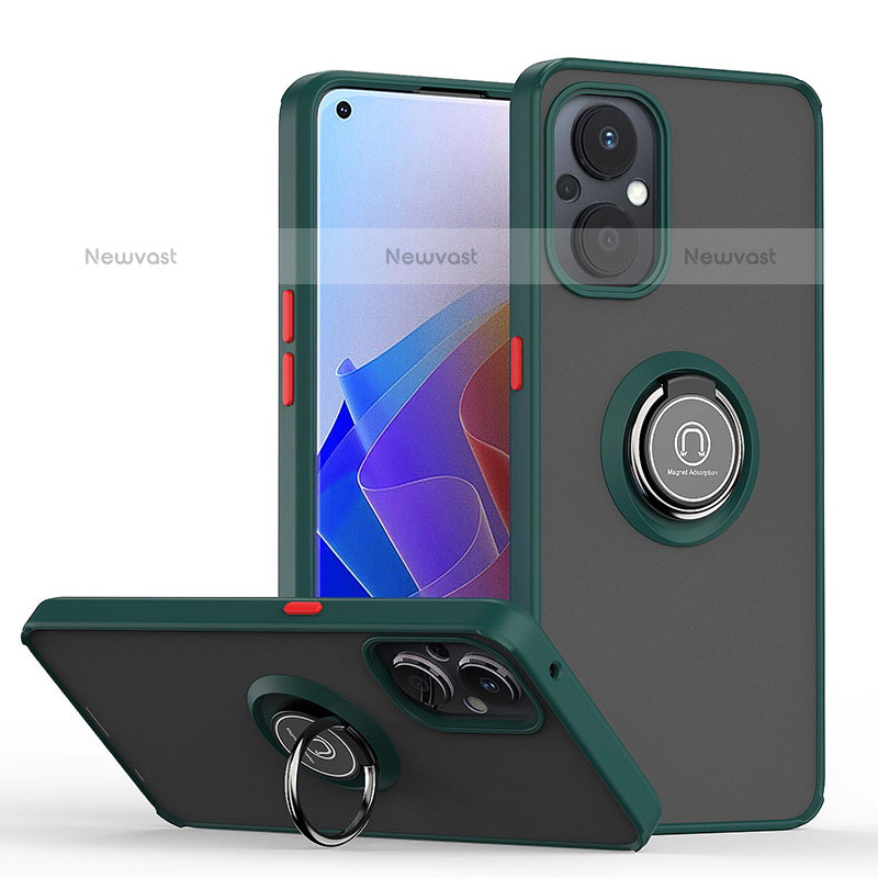 Silicone Matte Finish and Plastic Back Cover Case with Magnetic Finger Ring Stand QW2 for Oppo F21 Pro 5G Midnight Green