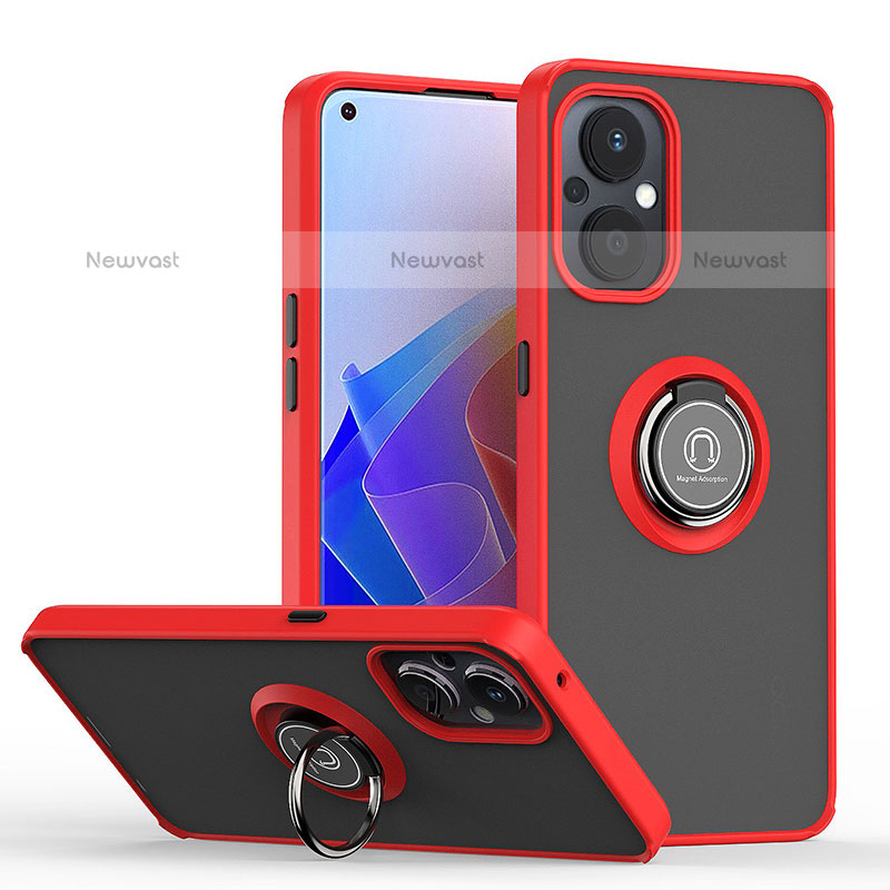 Silicone Matte Finish and Plastic Back Cover Case with Magnetic Finger Ring Stand QW2 for Oppo F21 Pro 5G Red