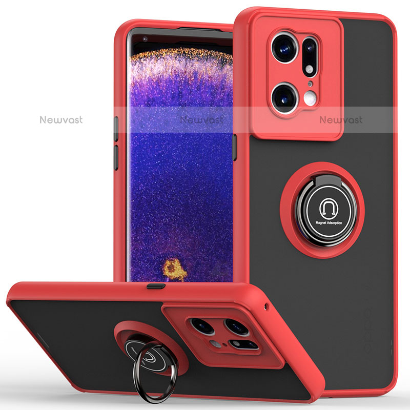 Silicone Matte Finish and Plastic Back Cover Case with Magnetic Finger Ring Stand QW2 for Oppo Find X5 Pro 5G Red