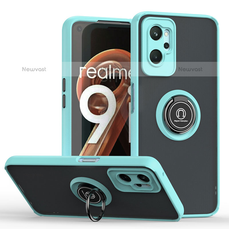 Silicone Matte Finish and Plastic Back Cover Case with Magnetic Finger Ring Stand QW2 for Oppo K10 4G Cyan