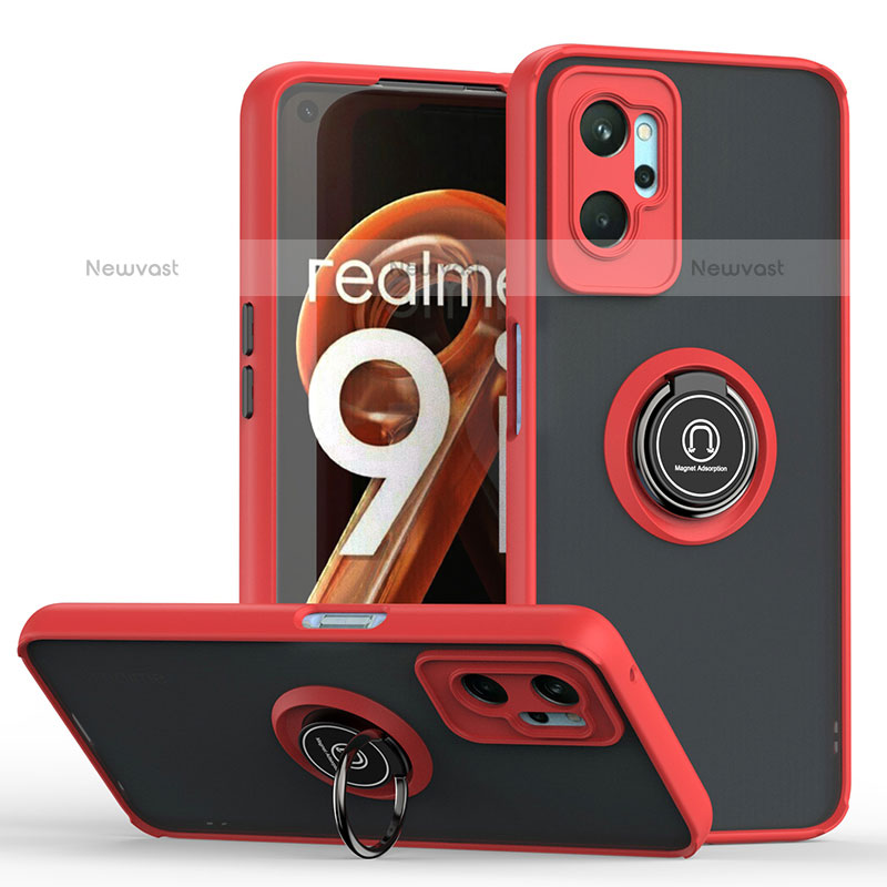 Silicone Matte Finish and Plastic Back Cover Case with Magnetic Finger Ring Stand QW2 for Oppo K10 4G Red