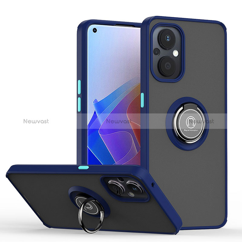 Silicone Matte Finish and Plastic Back Cover Case with Magnetic Finger Ring Stand QW2 for Oppo Reno7 Lite 5G Blue