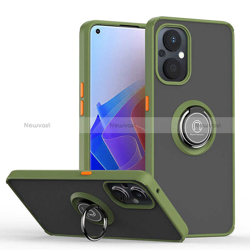 Silicone Matte Finish and Plastic Back Cover Case with Magnetic Finger Ring Stand QW2 for Oppo Reno7 Z 5G Army green