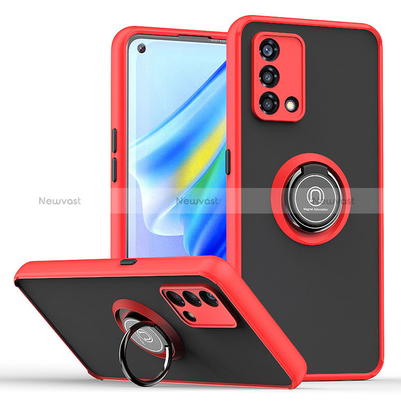 Silicone Matte Finish and Plastic Back Cover Case with Magnetic Finger Ring Stand QW2 for Oppo Reno8 4G Red