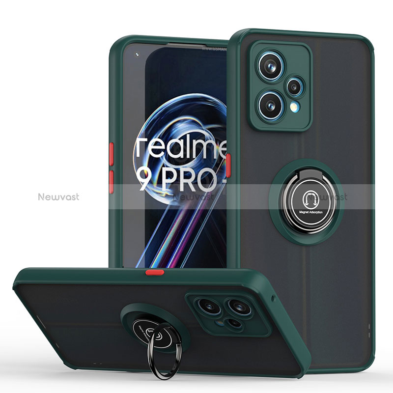 Silicone Matte Finish and Plastic Back Cover Case with Magnetic Finger Ring Stand QW2 for Realme 9 4G Midnight Green