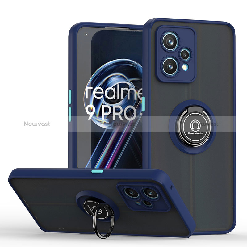 Silicone Matte Finish and Plastic Back Cover Case with Magnetic Finger Ring Stand QW2 for Realme 9 Pro+ Plus 5G