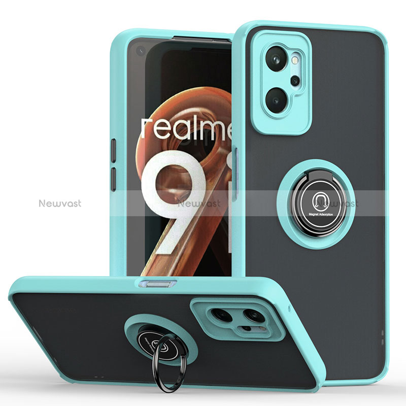 Silicone Matte Finish and Plastic Back Cover Case with Magnetic Finger Ring Stand QW2 for Realme 9i 4G