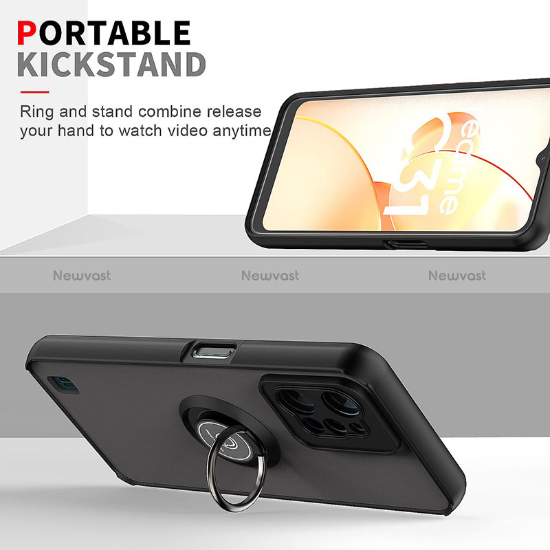 Silicone Matte Finish and Plastic Back Cover Case with Magnetic Finger Ring Stand QW2 for Realme C31