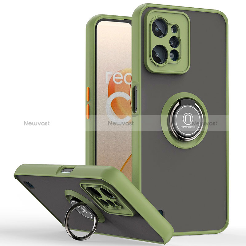 Silicone Matte Finish and Plastic Back Cover Case with Magnetic Finger Ring Stand QW2 for Realme C31