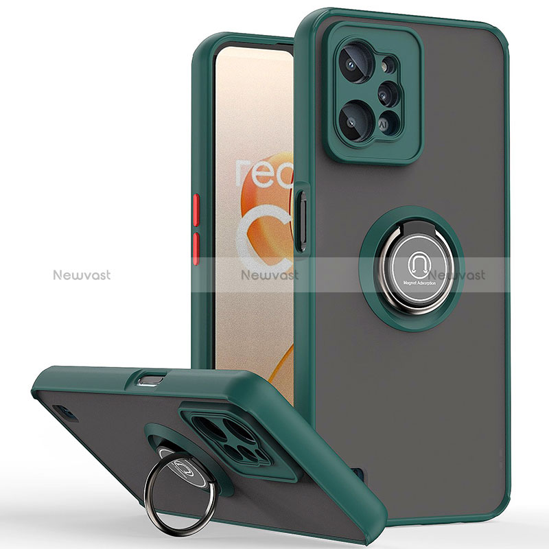 Silicone Matte Finish and Plastic Back Cover Case with Magnetic Finger Ring Stand QW2 for Realme C31 Midnight Green