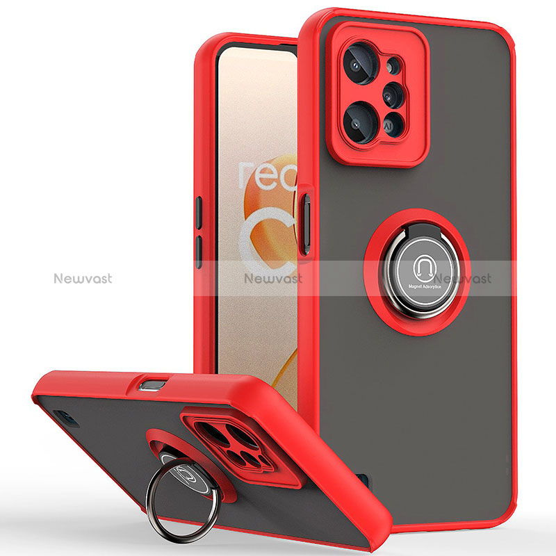 Silicone Matte Finish and Plastic Back Cover Case with Magnetic Finger Ring Stand QW2 for Realme C31 Red