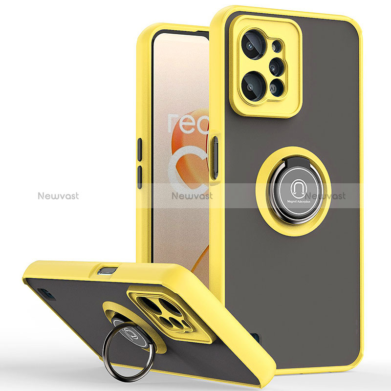 Silicone Matte Finish and Plastic Back Cover Case with Magnetic Finger Ring Stand QW2 for Realme C31 Yellow