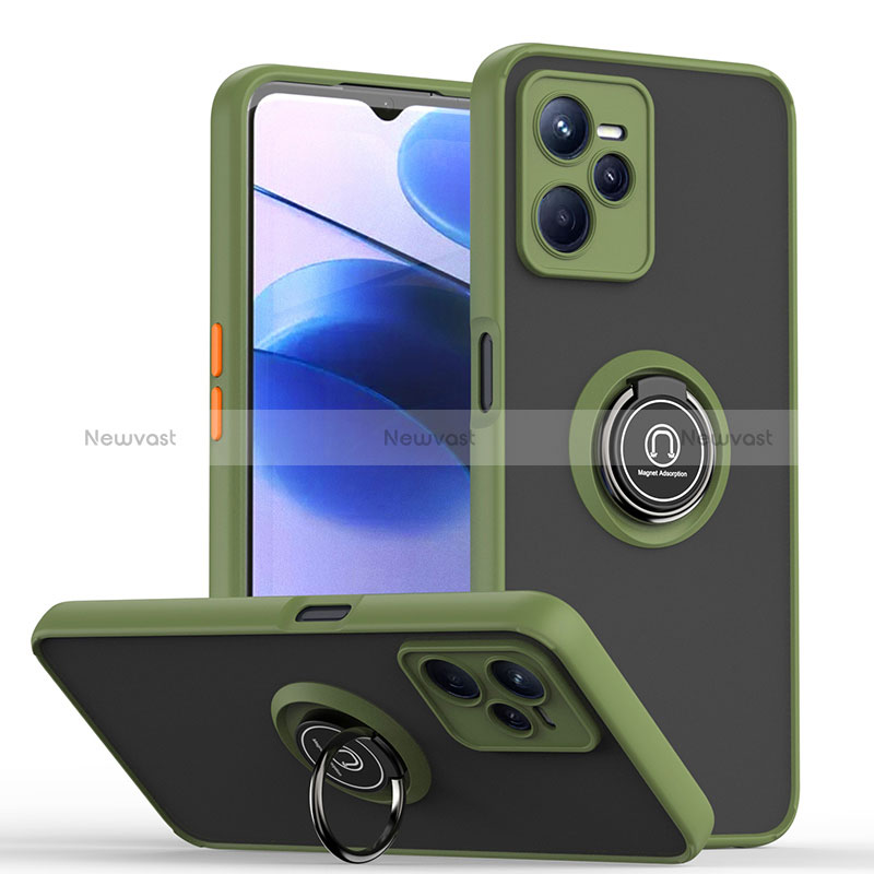 Silicone Matte Finish and Plastic Back Cover Case with Magnetic Finger Ring Stand QW2 for Realme C35