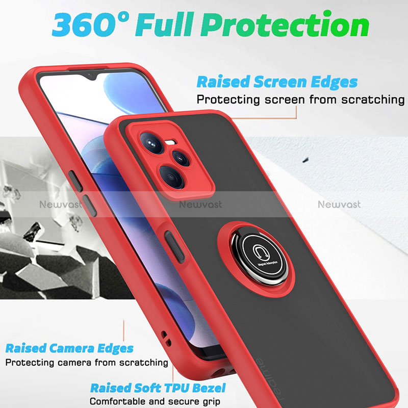 Silicone Matte Finish and Plastic Back Cover Case with Magnetic Finger Ring Stand QW2 for Realme Narzo 50A Prime