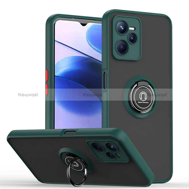 Silicone Matte Finish and Plastic Back Cover Case with Magnetic Finger Ring Stand QW2 for Realme Narzo 50A Prime Midnight Green