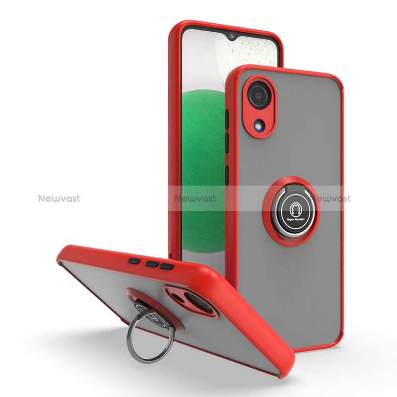 Silicone Matte Finish and Plastic Back Cover Case with Magnetic Finger Ring Stand QW2 for Samsung Galaxy A03 Core Red