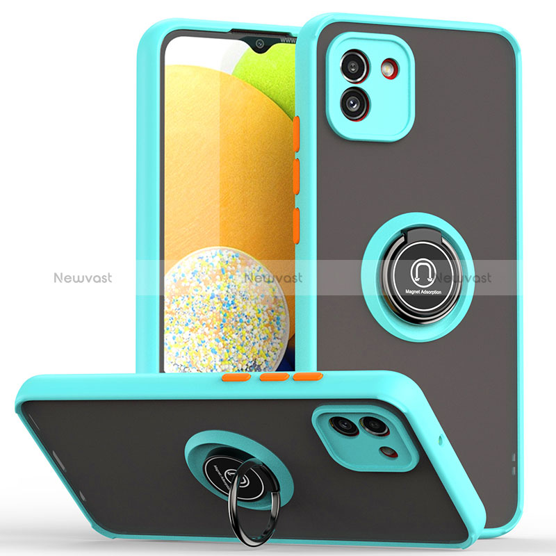 Silicone Matte Finish and Plastic Back Cover Case with Magnetic Finger Ring Stand QW2 for Samsung Galaxy A03 Cyan