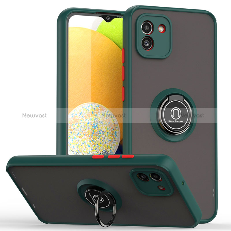 Silicone Matte Finish and Plastic Back Cover Case with Magnetic Finger Ring Stand QW2 for Samsung Galaxy A03 Midnight Green