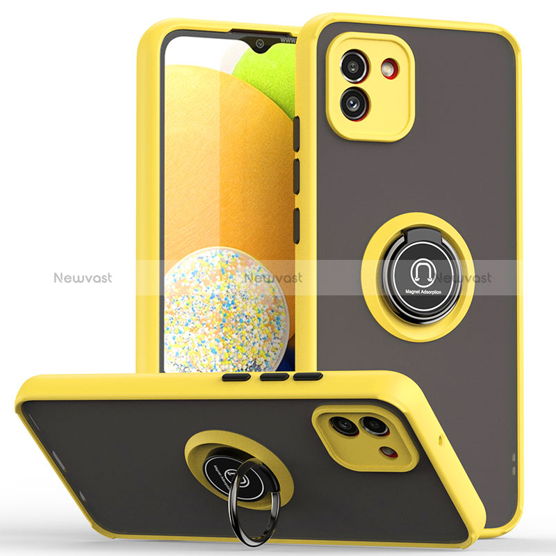 Silicone Matte Finish and Plastic Back Cover Case with Magnetic Finger Ring Stand QW2 for Samsung Galaxy A03 Yellow