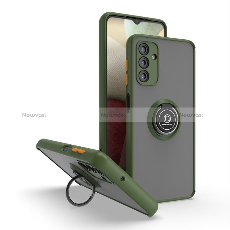 Silicone Matte Finish and Plastic Back Cover Case with Magnetic Finger Ring Stand QW2 for Samsung Galaxy A04s Army green