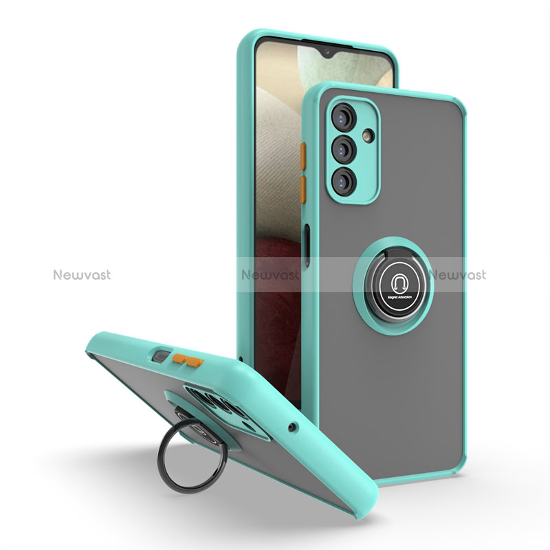 Silicone Matte Finish and Plastic Back Cover Case with Magnetic Finger Ring Stand QW2 for Samsung Galaxy A04s Cyan